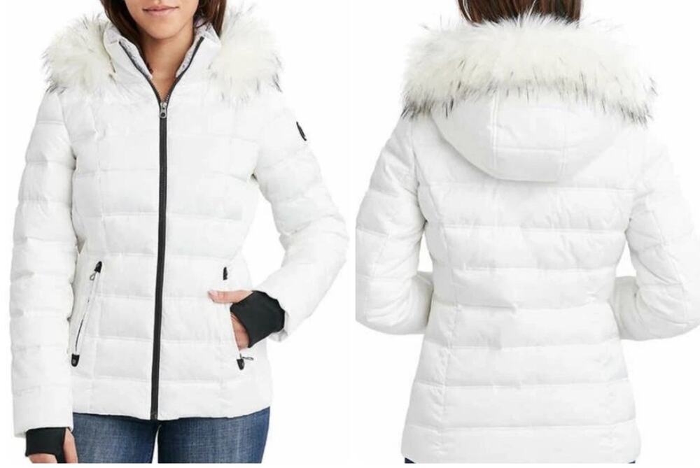 Nautica White Puffer Jacket Faux Fur Hood Quilted Winter Coat Size Small